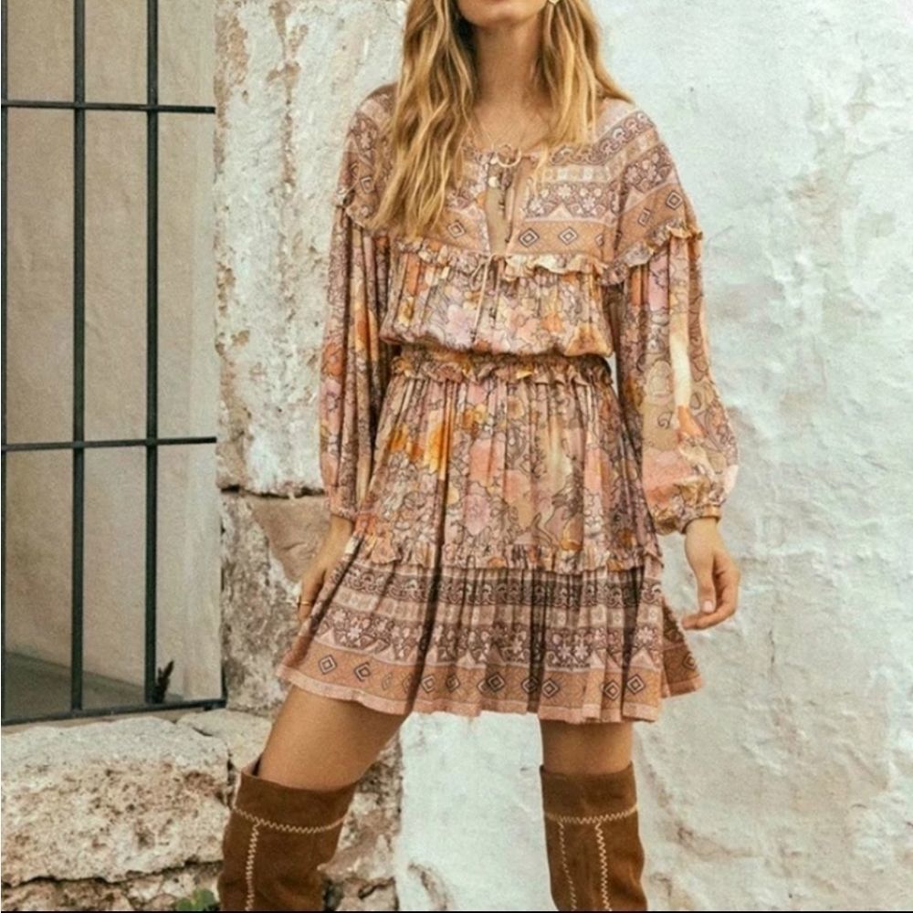 Gypsy Boho Floral Champagne And Pink Dress - Picture 2 of 14